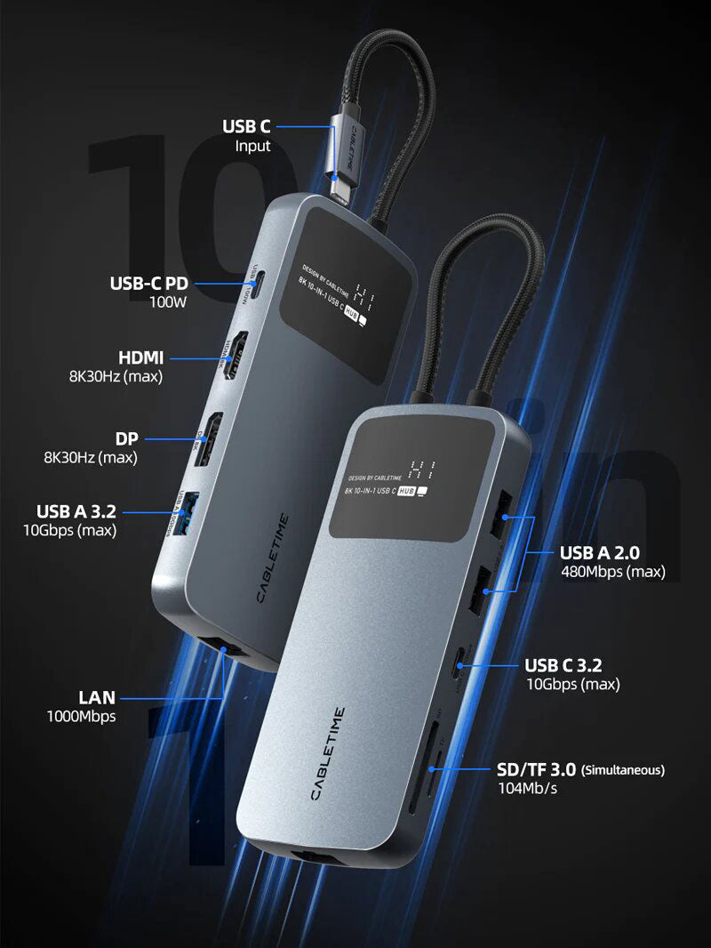 Hub USB-C 10 en 1, 8K DP / HDMI 4K 60Hz - Cabletime