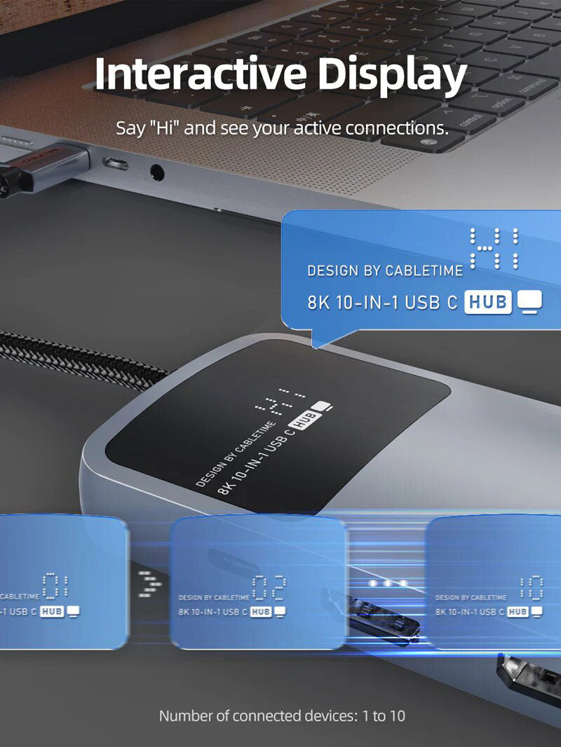 Hub USB-C 10 en 1, 8K DP / HDMI 4K 60Hz - Cabletime