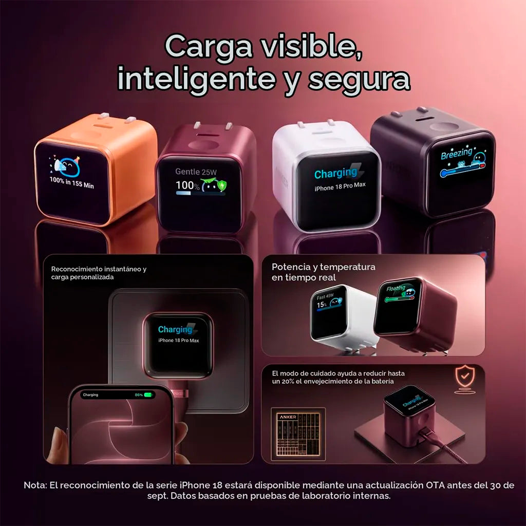 Cargador Anker Nano OTA de 45W con pantalla inteligente, 180°