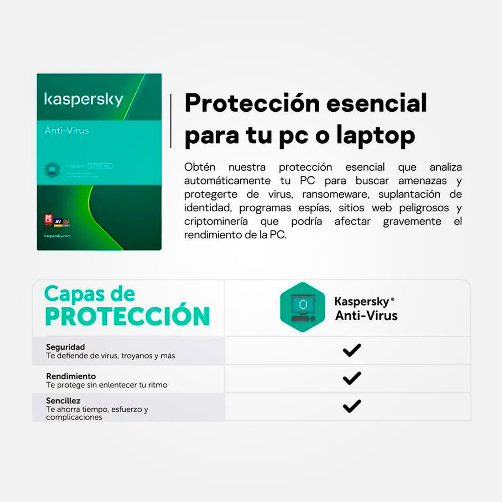 Antivirus Kaspersky Esencial 1 PC, Licencia por 1 Año, Blister