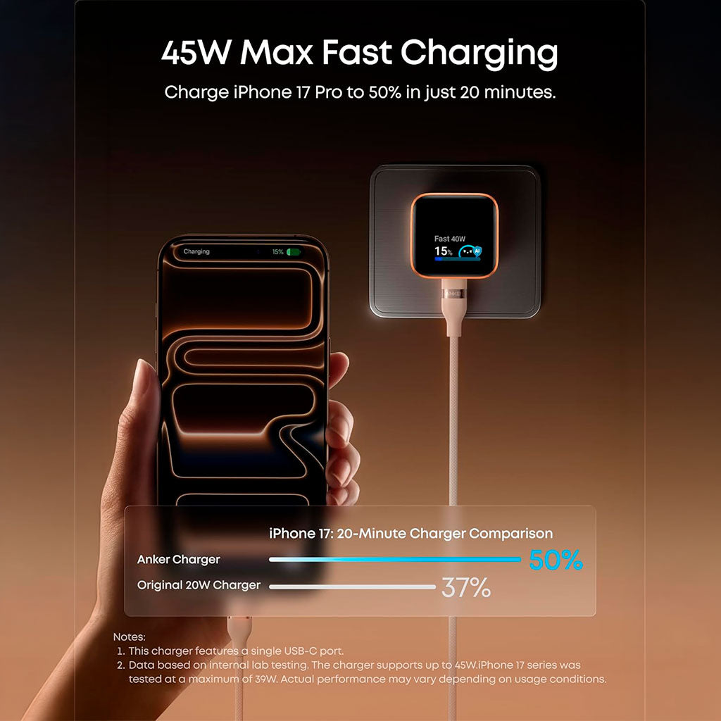 Cargador con pantalla inteligente USB-C de 45W GaN - Anker